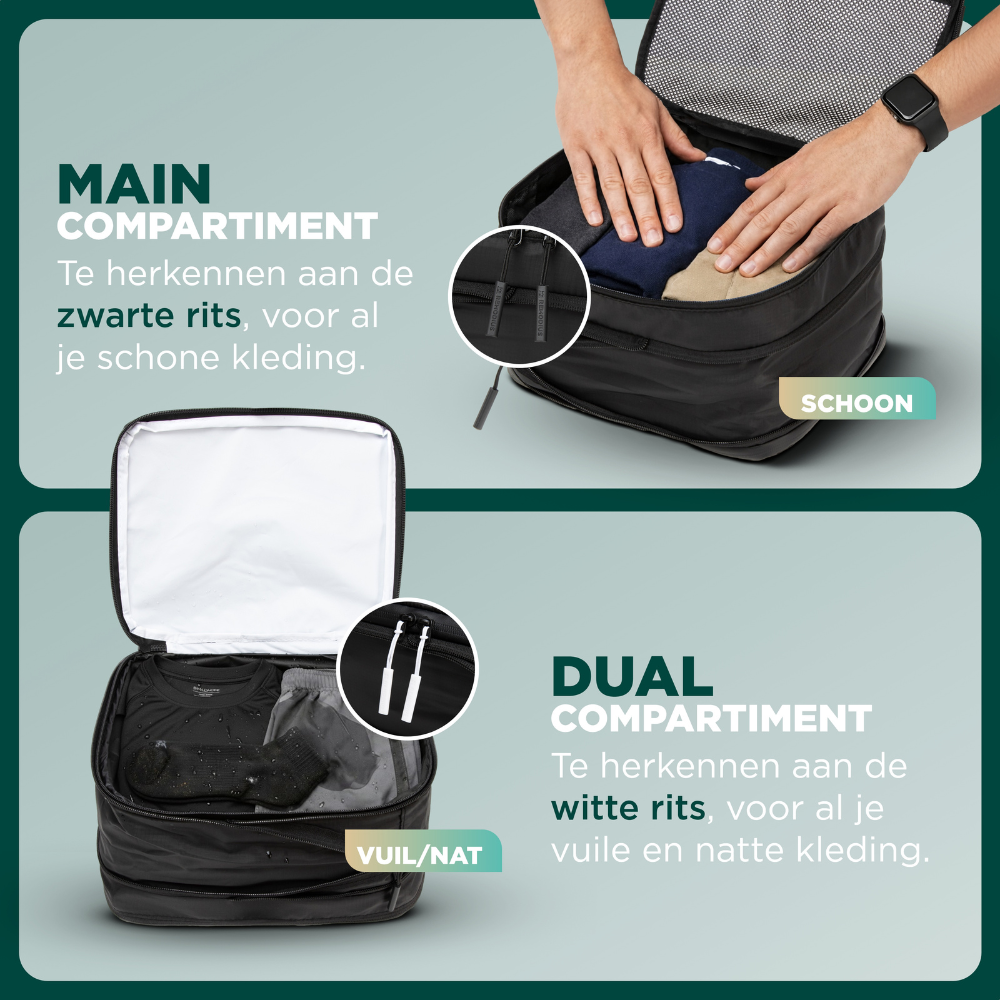 Zwart mesh reisorganisatieset met vier delen, inclusief een draagzak en mesh vakken voor kleding en accessoires. Ideaal voor reizen en opslag van kleding en persoonlijke items.