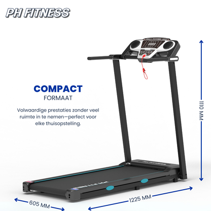Een zwarte, vouwbare loopband met blauwe accenten en een digitale display, uitgerust met handgrepen en een rode veiligheidskoord. Ideaal voor thuisfitness en compacte opslag in kleine ruimtes.