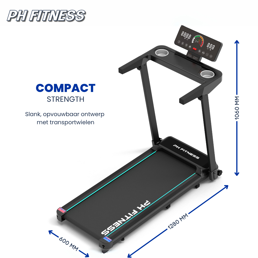 Zwarte PH FITNESS loopband met digitale display en blauwe accenten, uitgebreid met een opgevouwen versie voor compacte opslag. Ideaal voor thuisfitness en gewichtsverlies.