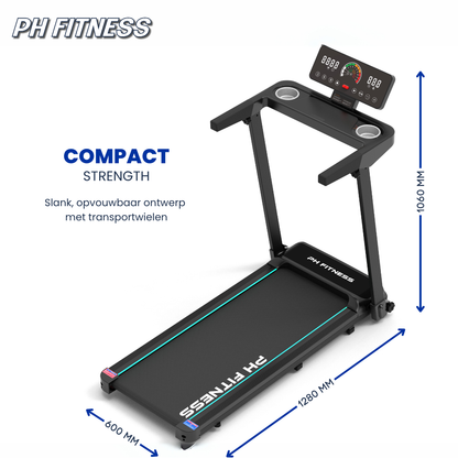 Zwarte PH FITNESS loopband met digitale display en blauwe accenten, uitgebreid met een opgevouwen versie voor compacte opslag. Ideaal voor thuisfitness en gewichtsverlies.