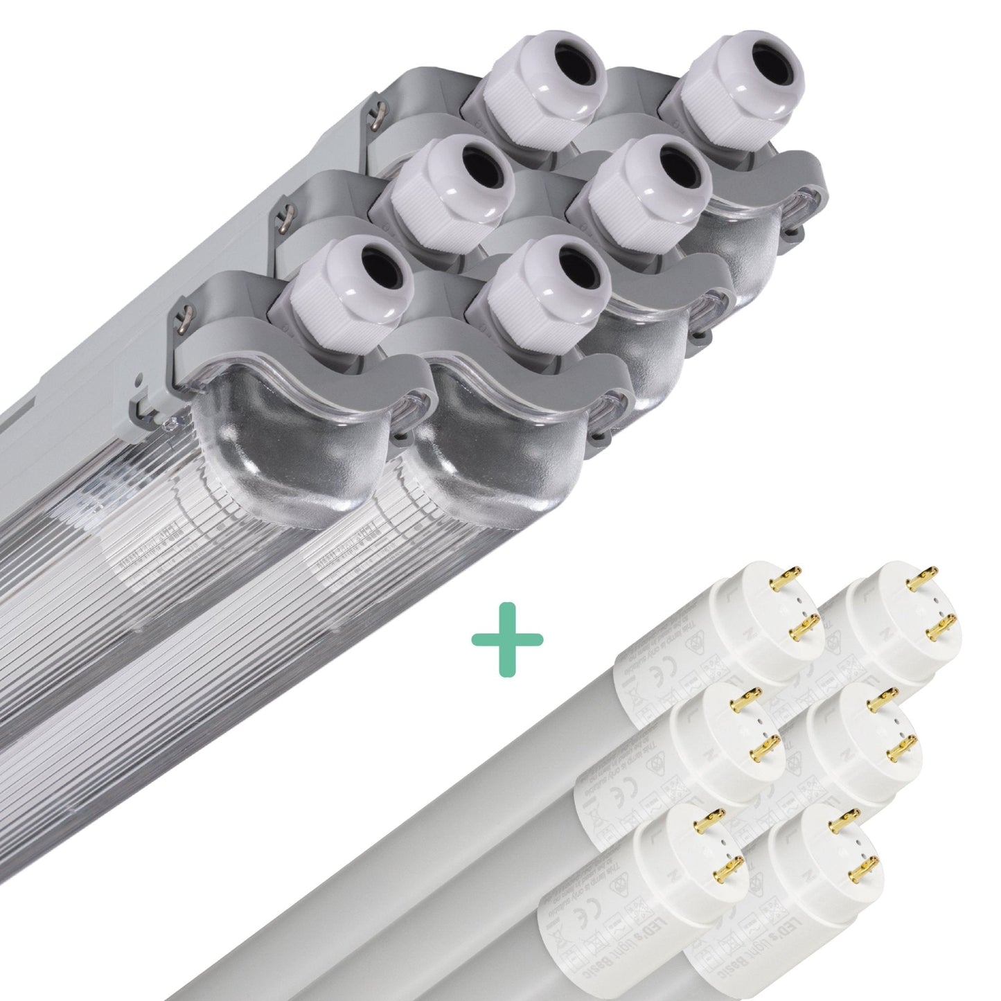 Zilverkleurige LED-buisverlichting met witte aansluitingen en glazen kap, geleverd met acht witte LED-buislampen voor energiezuinig verlichten van werkplaatsen en industriële ruimtes.
