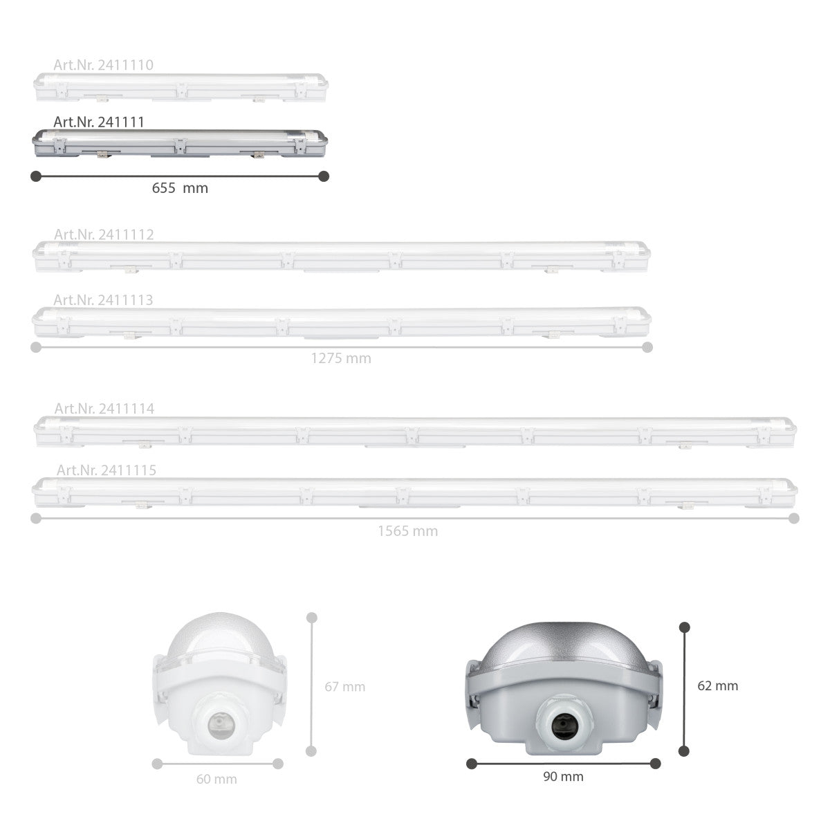 Grijze LED-tubulairlamp met transparante beschermkap en witte aansluitingen, inclusief vier bijpassende T8 LED-bulbs voor energiezuinige verlichting in kantoren en winkels.