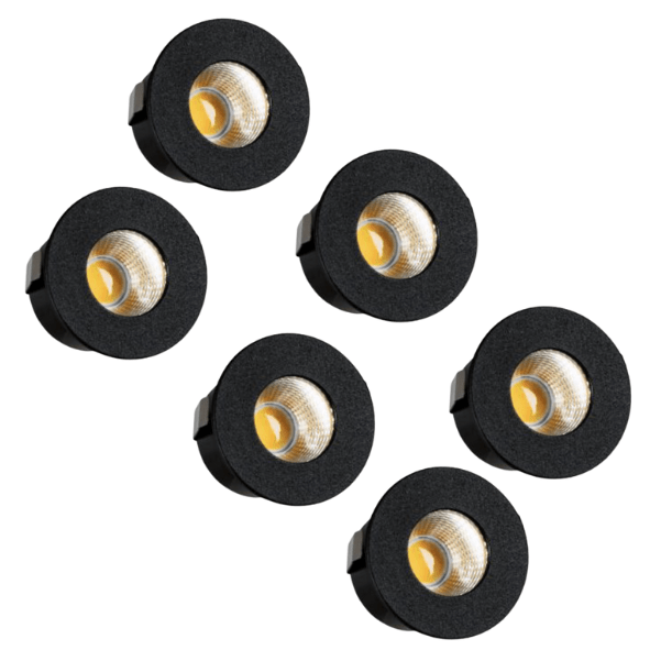 Zes zwarte, ronde LED-spotlights met zichtbare gele lampen en zilverkleurige reflectoren, geschikt voor moderne verlichting in woon- en commerciële ruimtes.