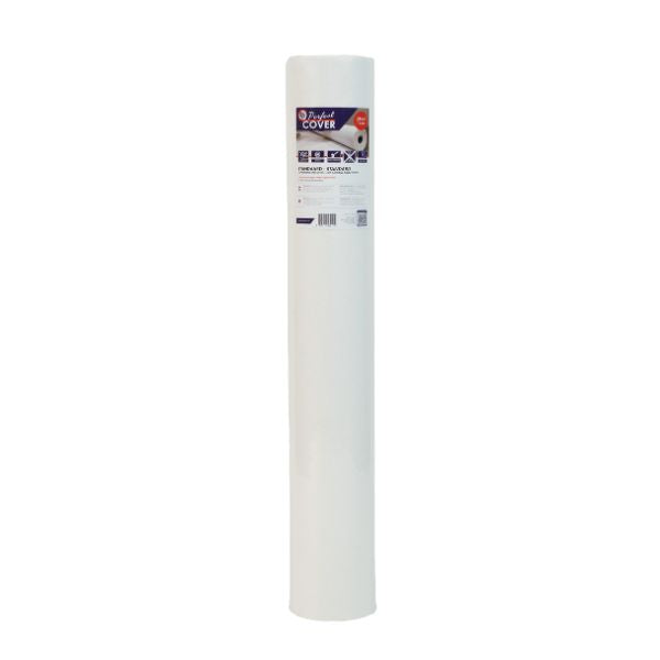 Een witte, opgerolde Perfect Cover beschermfolie voor meubels, met duidelijke merklabel en barcode. Geschikt voor professionele meubelbescherming tijdens transport of opslag.