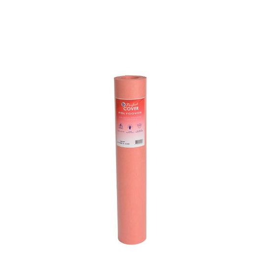 Een roze, cilindrisch rollen van Polycover, met een wit etiket dat de merknaam en gebruiksaanwijzingen toont, geschikt voor bescherming van meubilair en oppervlakken tijdens verhuizing of renovatie.