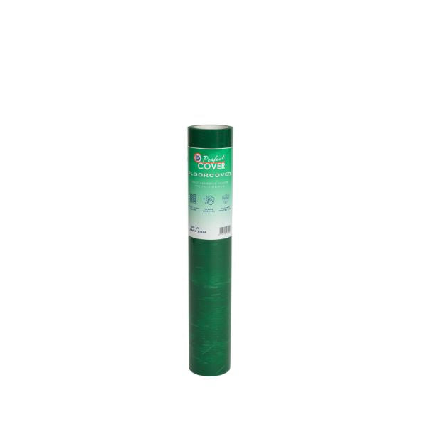Groene vloerdekking in rol, met wit etiket en merknaam FloorCover, geschikt voor evenementen en tijdelijke vloerbedekking. Geschikt voor evenementen en tijdelijke vloerbedekking.
