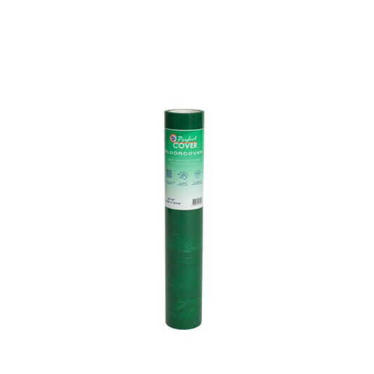 Groene vloerdekking in rol, met wit etiket en merknaam FloorCover, geschikt voor evenementen en tijdelijke vloerbedekking. Geschikt voor evenementen en tijdelijke vloerbedekking.
