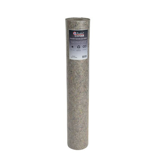 Grijze, textuurrijke Paintshield Pro verfbeschermingsfolie in rol, geschikt voor professionele verfwerkzaamheden. Bescherming tegen verf, water en slijtage voor houten en metalen oppervlakken.