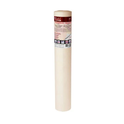 Een rol beige Perfect Cover beschermfolie, met duidelijke merkverpakking en gebruiksaanwijzingen. Geschikt voor tijdelijke bescherming van meubels en vloeren tijdens renovaties.