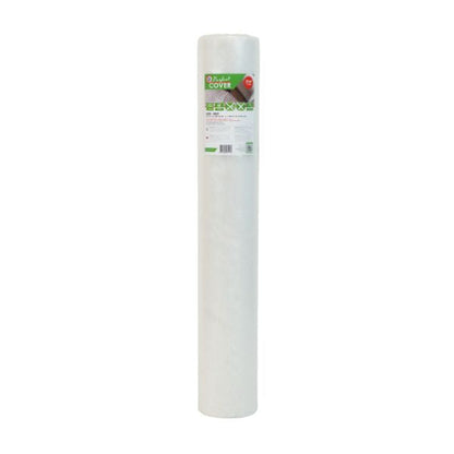 Een witte, opgerolde plastic cover van Perfect Cover, geschikt voor tuinmeubels en planten. Het product is voorzien van een groen etiket met productinformatie en barcode.