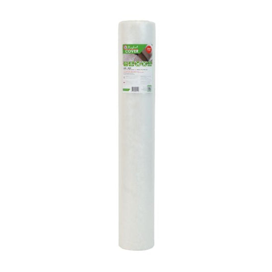 Een witte, opgerolde plastic cover van Perfect Cover, geschikt voor tuinmeubels en planten. Het product is voorzien van een groen etiket met productinformatie en barcode.