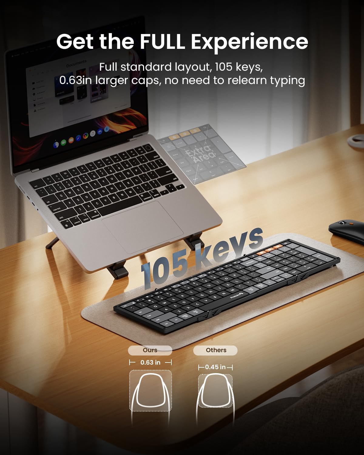 Zwart, vouwbare draadloze toetsenbord met oranje functietoetsen, geïntegreerd met een laptop en muis. Perfect voor mobiele werking en reizen, inclusief beschermende koffer.