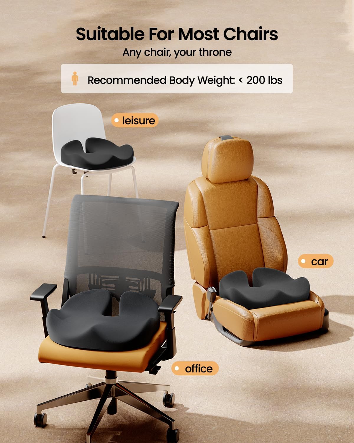 Zwarte, ergonomische zitkussen met textuur en warmtebanden voor comfort bij langdurig zitten. Ideaal voor kantoor- en reisgebruik met ondersteuning voor de zitbeenderen.