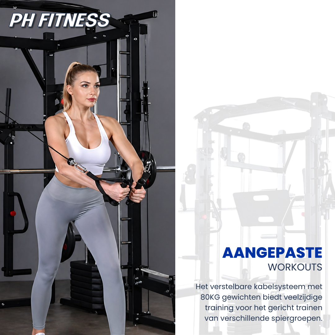 Zwart multifunctioneel homegymapparaat met verstelbare banden, gewichtsplatens en houten handgrepen, geschikt voor thuisfitness en krachttraining.