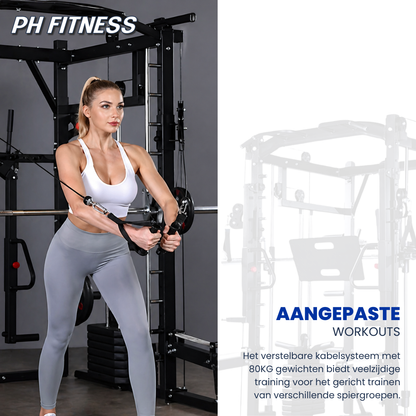 Zwart multifunctioneel homegymapparaat met verstelbare banden, gewichtsplatens en houten handgrepen, geschikt voor thuisfitness en krachttraining.