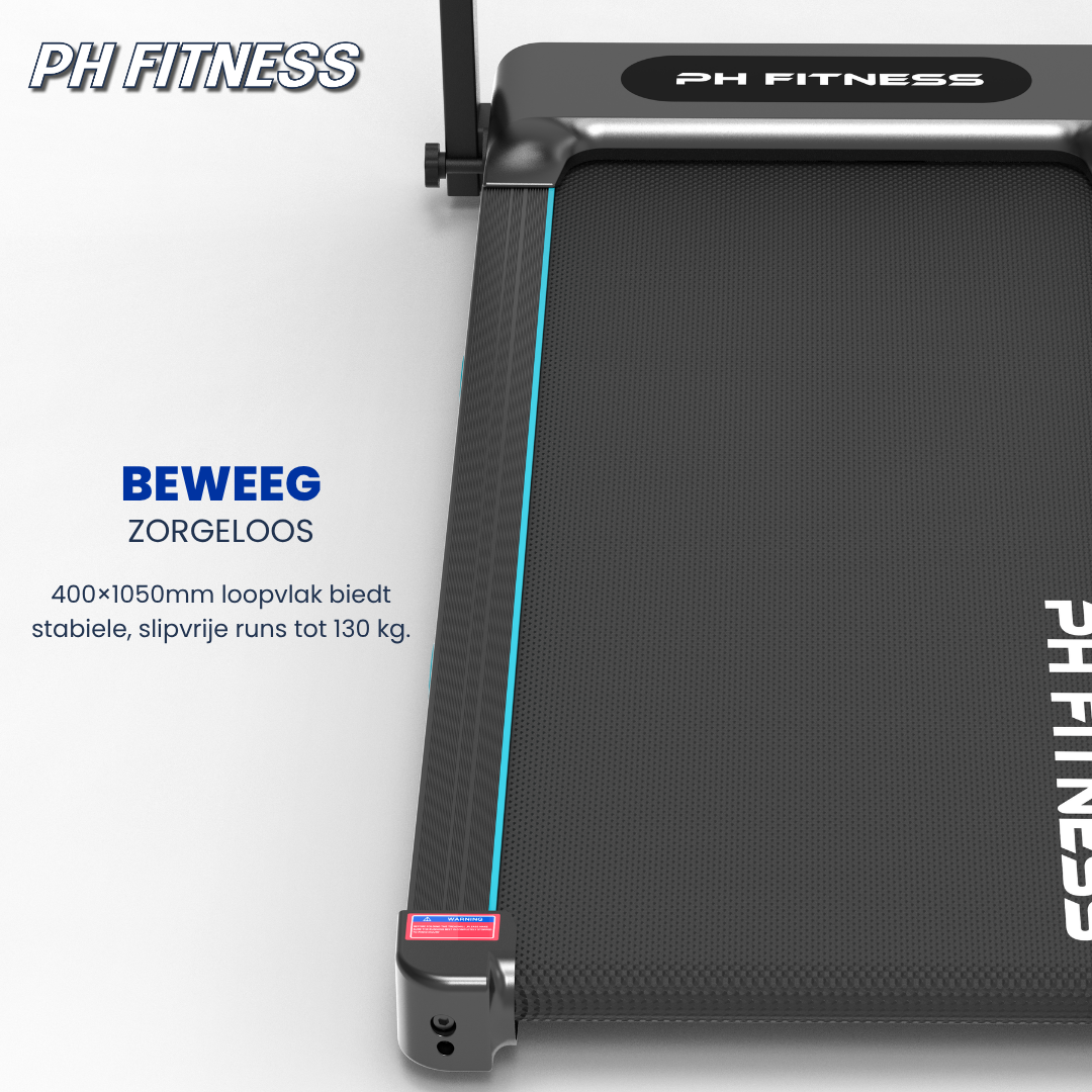 Een zwarte, vouwbare loopband met blauwe accenten en een digitaal bedieningspaneel, geschikt voor thuisfitness. Toon de compacte opbergmodus voor ruimtebesparende training.