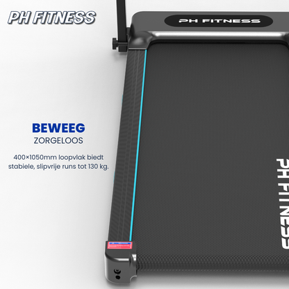 Een zwarte, vouwbare loopband met blauwe accenten en een digitaal bedieningspaneel, geschikt voor thuisfitness. Toon de compacte opbergmodus voor ruimtebesparende training.