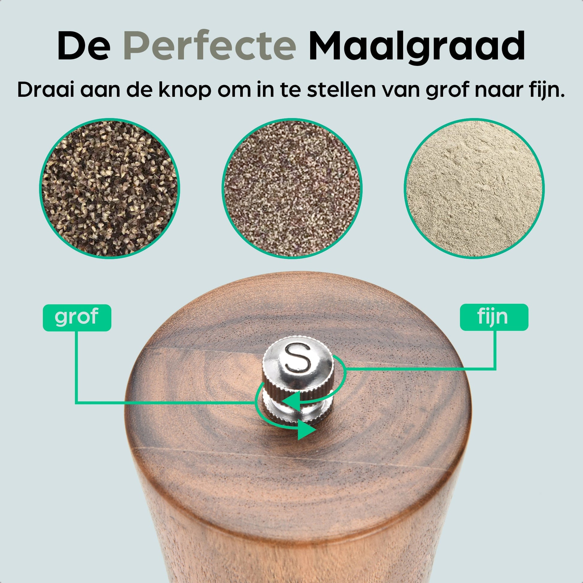 Houten pepermolen met instelbare maalgraad van grof naar fijn