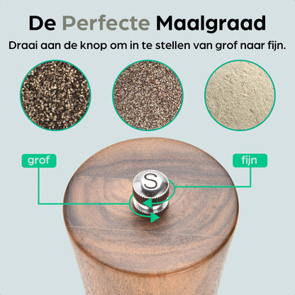 Houten pepermolen met instelbare maalgraad van grof naar fijn