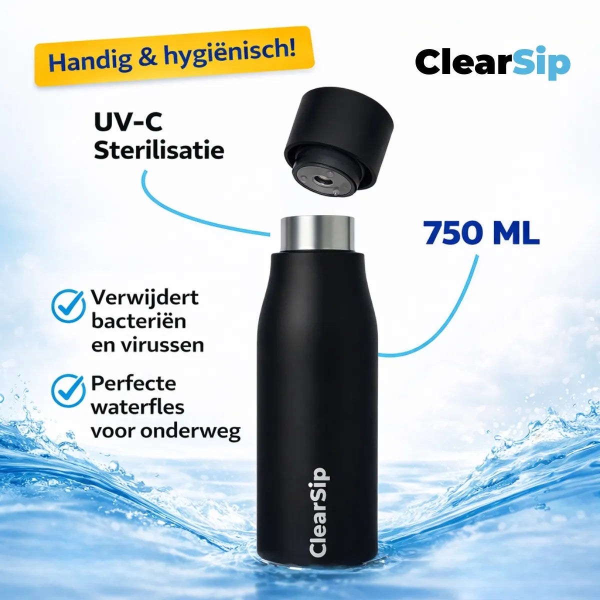 Slimme Waterfles – UV‑C zelfreinigend & drinkherin... - ClearSip