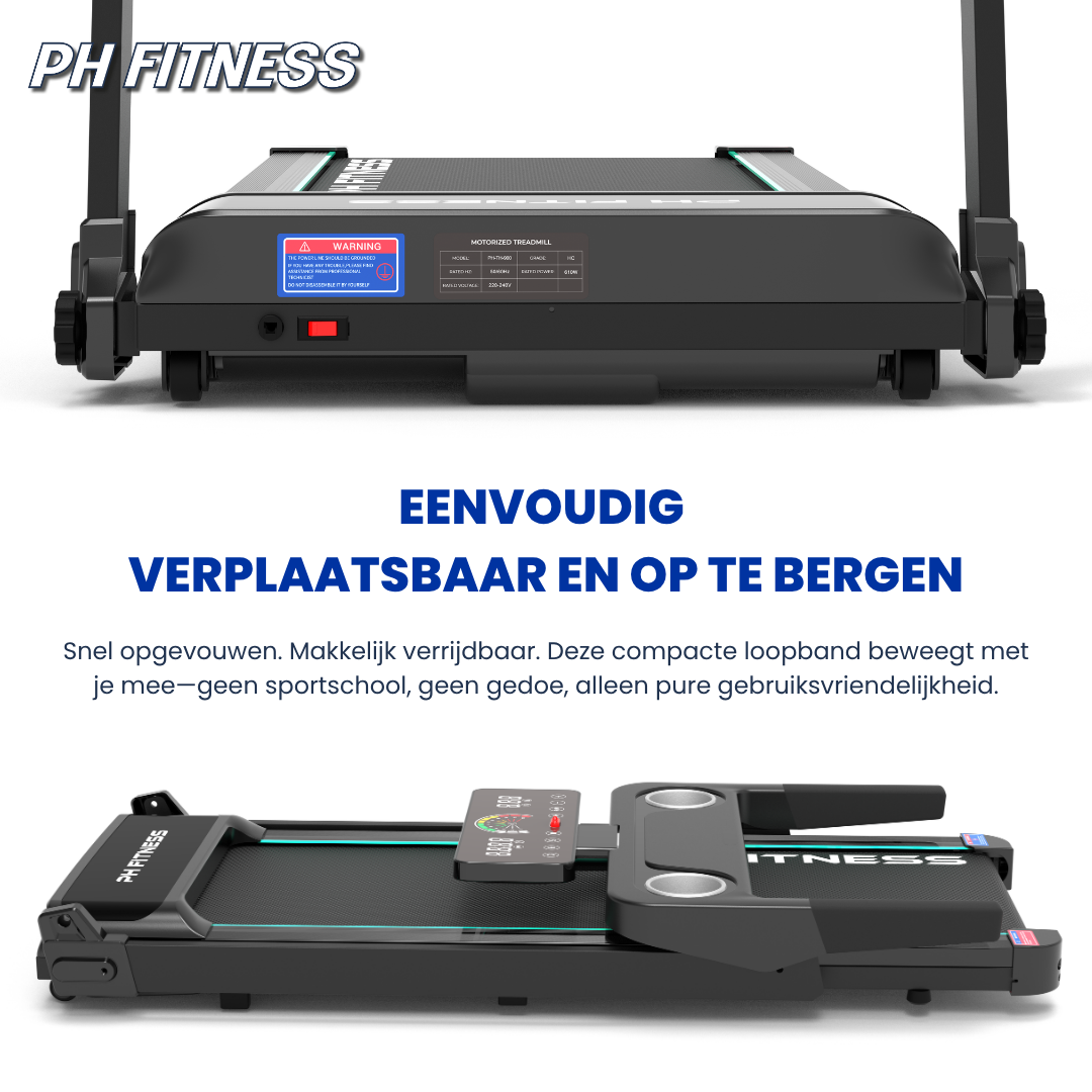 Zwarte PH FITNESS loopband met digitale display en blauwe accentlichten, uitgebreid met een opgevouwen versie voor compacte opslag in woonruimte. Ideaal voor thuisfitness en gewichtsverlies.