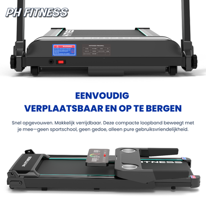 Zwarte PH FITNESS loopband met digitale display en blauwe accentlichten, uitgebreid met een opgevouwen versie voor compacte opslag in woonruimte. Ideaal voor thuisfitness en gewichtsverlies.