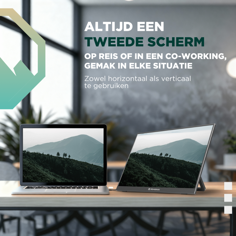 Een 16-inch Remodius 2.5K Quad HD HDR+ portofoonmonitor met zwart frame, voorzien van een opvallende berglandschapachtergrond en een bijpassende zwarte beschermhoes. Ideaal voor creatieve professionals en gamers die hoge resolutie en kleurrijk schermverlichting nodig hebben.
