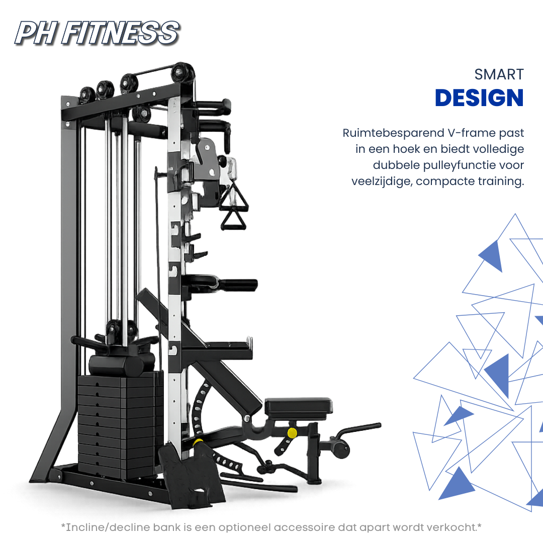 Zwart PH Fitness multi-gymapparaat met verstelbare kabels en gewichtsplatensets, geschikt voor thuisgym en krachttraining. Metalen constructie met handgrepen en voetplaat voor veilige oefeningen.