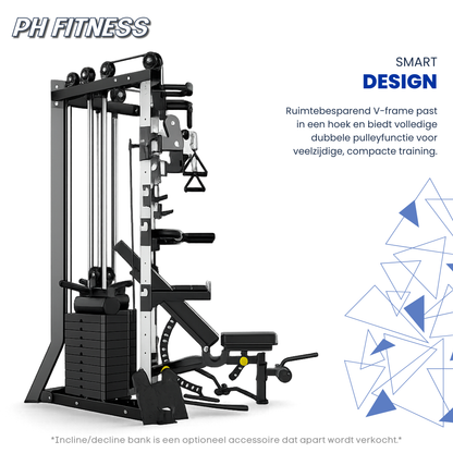 Zwart PH Fitness multi-gymapparaat met verstelbare kabels en gewichtsplatensets, geschikt voor thuisgym en krachttraining. Metalen constructie met handgrepen en voetplaat voor veilige oefeningen.