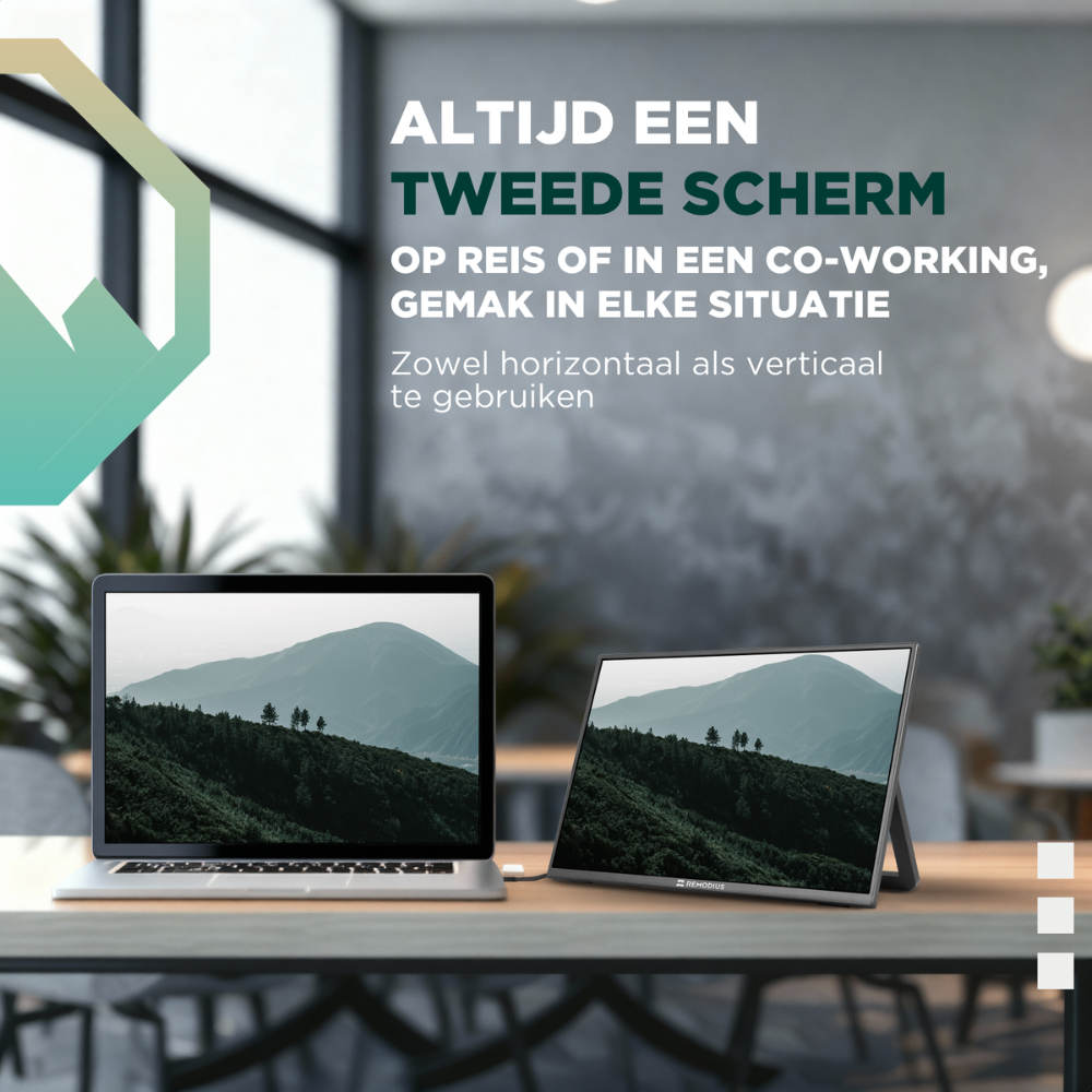 Een 13-inch Remodius 2K Quad HD scherm met HDR10+ display, uitgerust met een zwart standaard en een bijpassende beschermhoes, perfect voor mobiele gaming en video-editing.