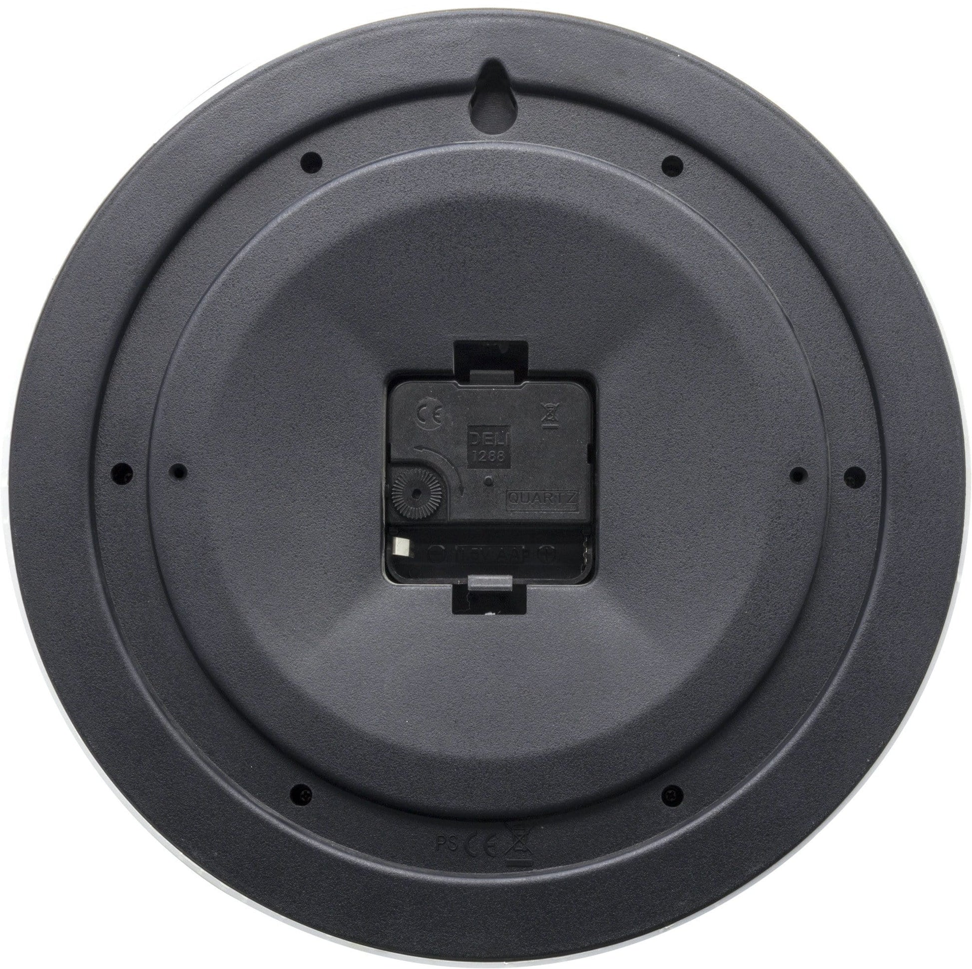 Zwarte ronde elektronische klok met batterijhouder