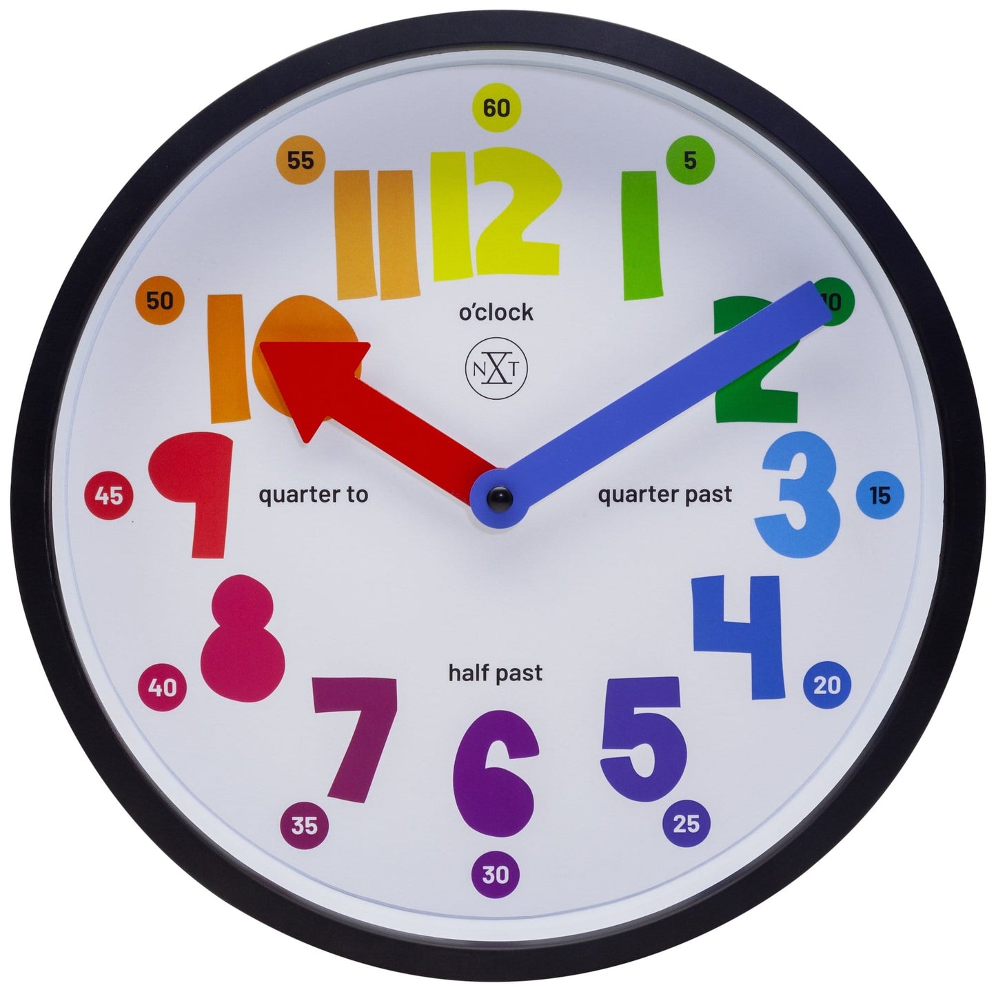 Een kleurrijke, educatieve wandklok met heldere, gekleurde cijfers en wijzers voor kinderen. Perfect voor het leren van tijd in de klas of thuis.