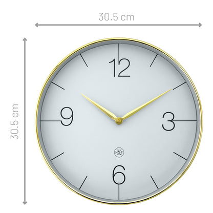 Comnox - Wall Clock Finesse - Stijlvolle tijdweergave zonder geluid - 30,5 cm diameter - Gouden rand - Glanzende afwerking