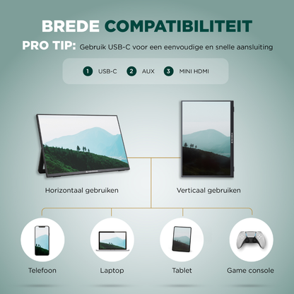 Een 13-inch Remodius 2K Quad HD monitor met HDR10+ ondersteuning, zwart frame, toont een berglandschap. Ideaal voor gaming en multimedia-ervaringen met scherpe beelden.