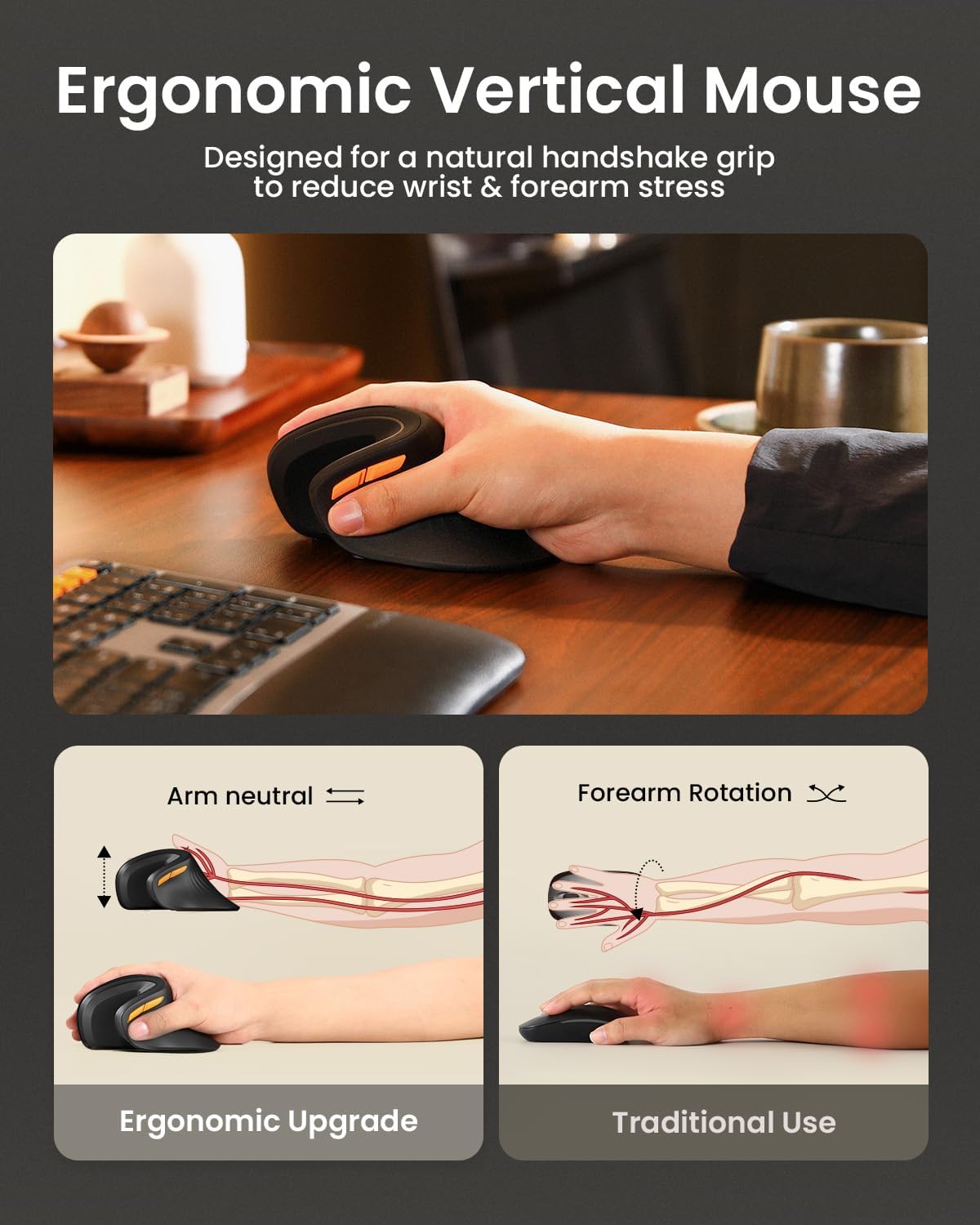 Een zwarte, ergonomische draadloze mouse met oranje accenten en een comfortabele vorm voor langdurig gebruik. Geschikt voor gaming en kantoorwerk, met zichtbare scrollwiel en merknaam.