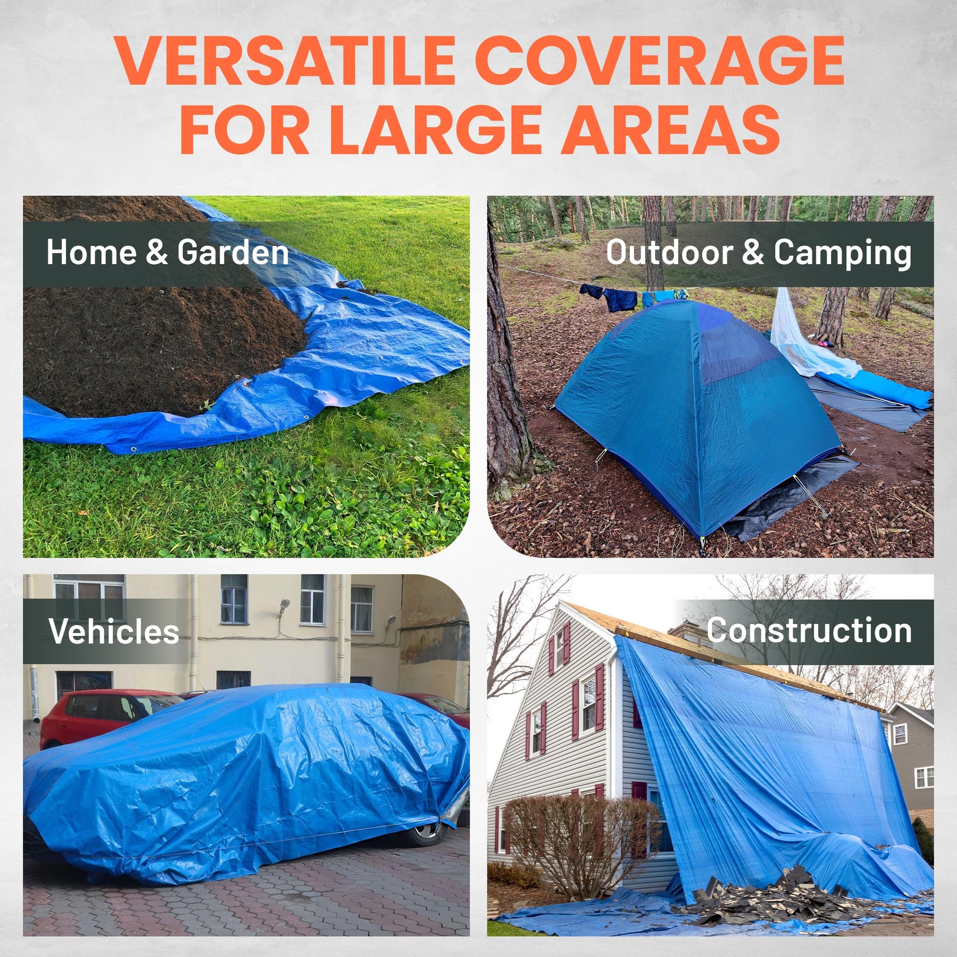 Een wit, transparant dekzeil van Perfect Cover, gemaakt van waterdicht tarpaulin met UV- en scheurbestendigheid, geschikt voor het beschermen van tuinmeubilair of bouwmaterialen.