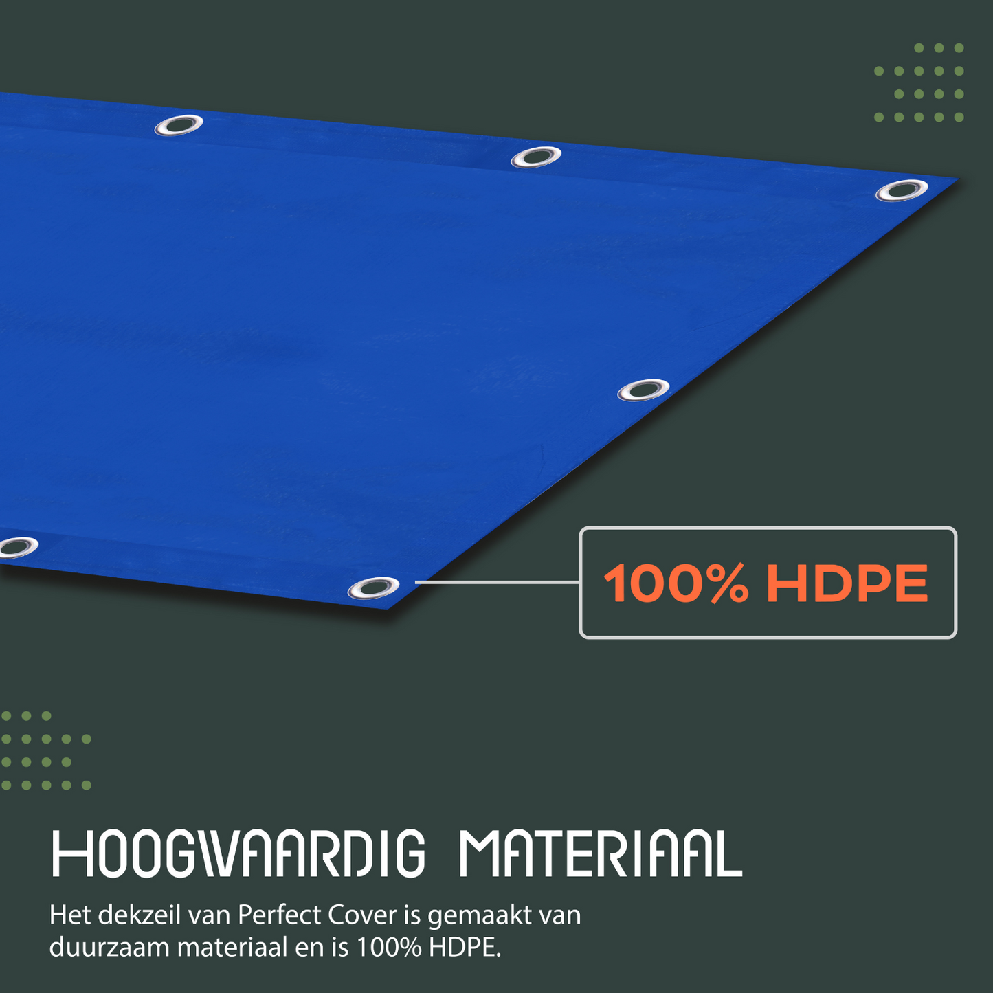 Blauw tarpaulin dekzeil van Perfect Cover, waterdicht en UV-bestendig, met zichtbare metalen oogjes en duidelijke productlabel. Ideaal voor outdoor bescherming van tuin- en bouwprojecten.