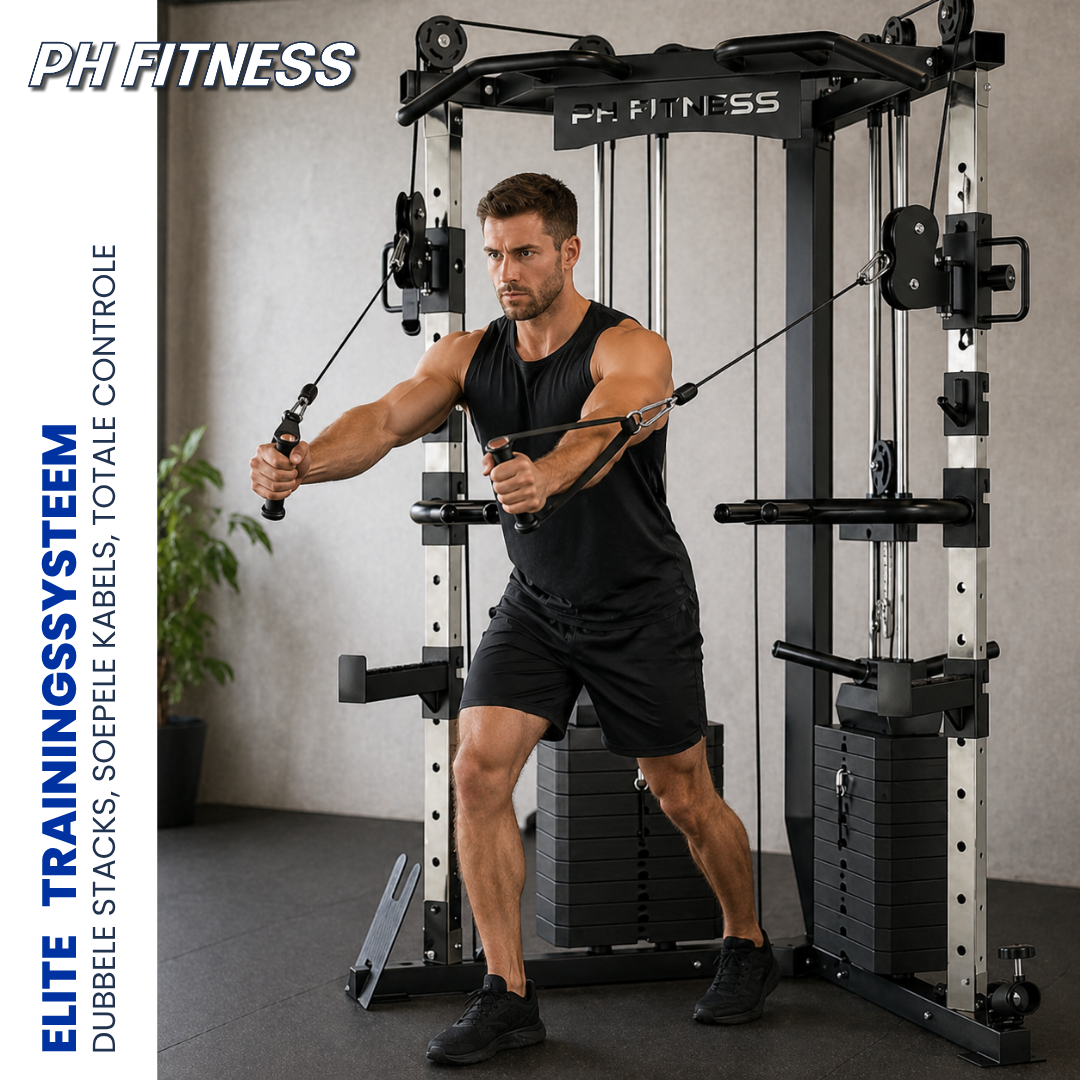 De PH Fitness multi-gym is een zwart, robuust trainingsapparaat met verstelbare kabels en gewichtsplatensets. Ideaal voor thuisgym, biedt het diverse oefeningen voor kracht- en spiertraining.