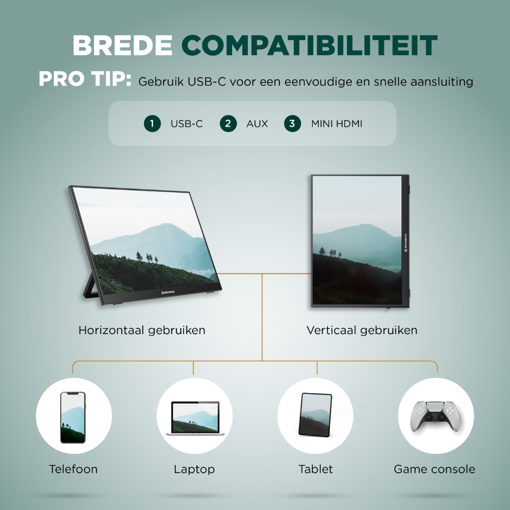 Een 16-inch Remodius monitor met 2.5K Quad HD resolutie en HDR10+ ondersteuning, uitgevoerd in zwart met een standaardvoet, perfect voor gaming en grafisch werk.