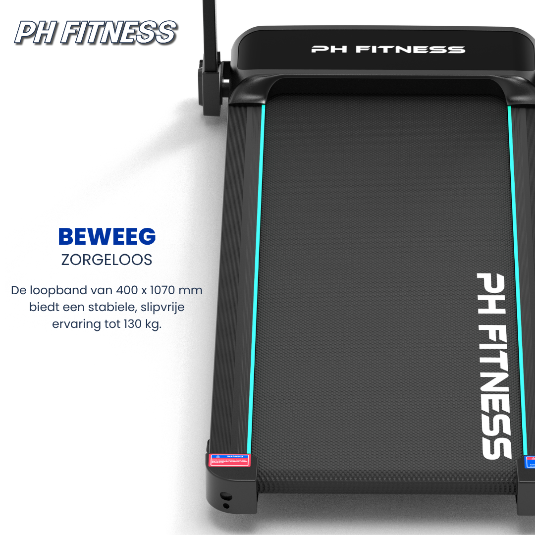 Zwarte PH FITNESS loopband met digitale display en blauwe accenten, uitgebreid met een opgevouwen versie voor compacte opslag. Ideaal voor thuisfitness en gewichtsverlies.