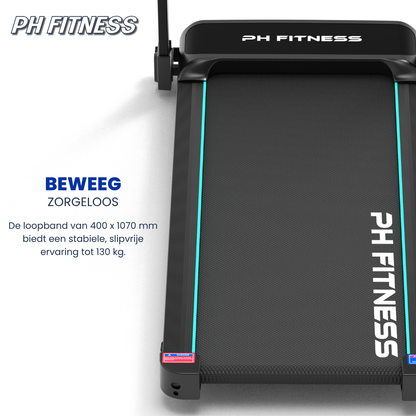 Zwarte PH FITNESS loopband met digitale display en blauwe accenten, uitgebreid met een opgevouwen versie voor compacte opslag. Ideaal voor thuisfitness en gewichtsverlies.