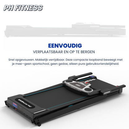Een zwarte, vouwbare loopband met blauwe accenten en een digitale display, uitgerust met handgrepen en een rode veiligheidskoord. Ideaal voor thuisfitness en gewichtsverlies, met een compacte opbergfunctie.