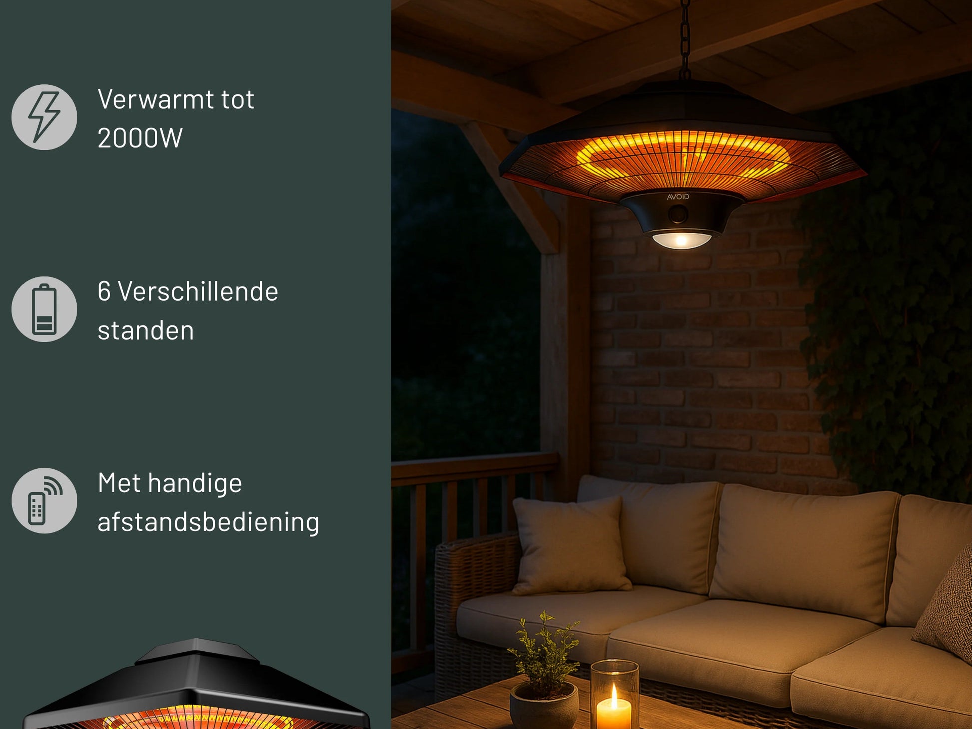 Zwarte hangende buitenverwarming met gloeiende infrarood-elementen en een ketting voor montage. Geschikt voor terrassen en patios om koude avonden te verwarmen.