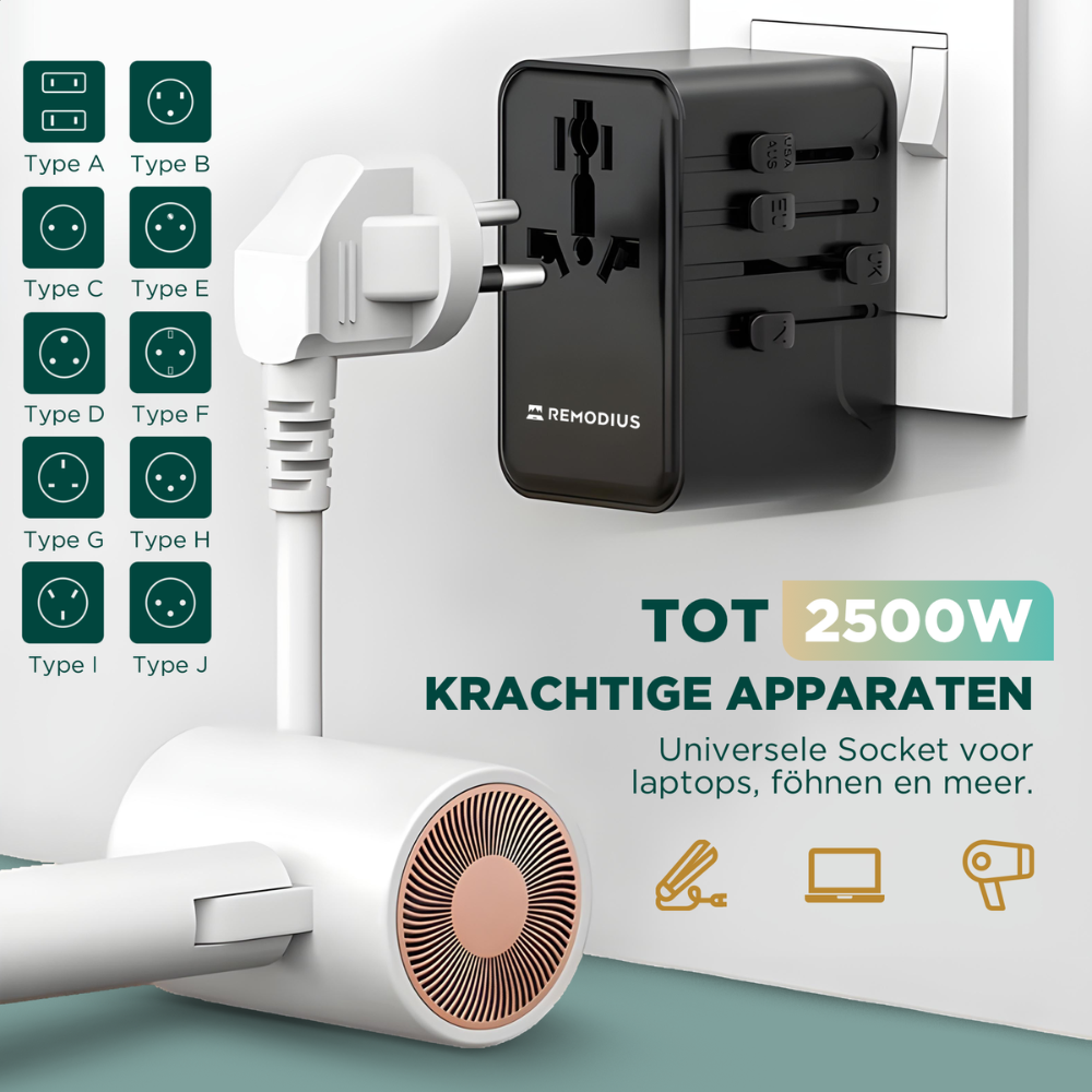 Zwart REMODIUS reisstopcontact met 4 USB-poorten en schakelaars voor EU, US, UK en AU, geplaatst naast een zwarte opbergzak met logo. Geschikt voor reizen en internationale elektronica.