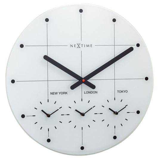 Comnox - Big City - Wandklok met drie tijdzones - Stil en stijlvol - 43 cm - Zwart/Wit - World Clock