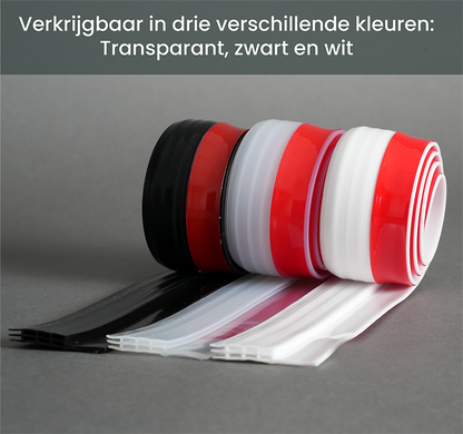 Zwarte rubberen deurstop met rode kleefzijde, geschikt voor houten deuren. Gebruik als isolatieband voor energiezuinige kamer- en kantoorruimtes.