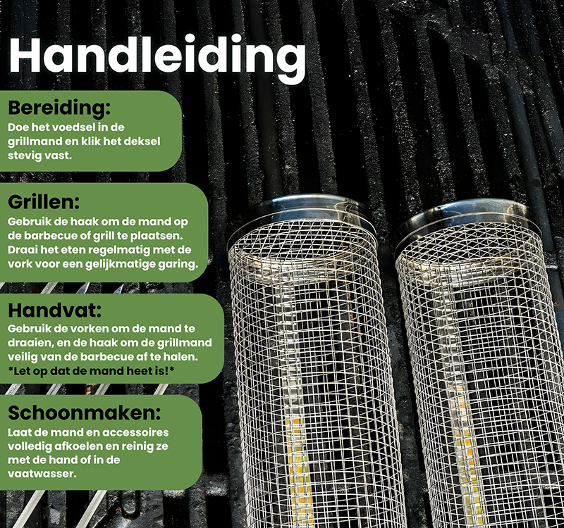 Zilverkleurige, cilindrische roosterbakken van roestvrij staal met handige handgrepen, perfect voor grillen. Geleverd met twee metalen vorken voor gemakkelijk hanteren op de barbecue.