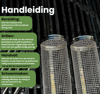 Zilverkleurige, cilindrische roosterbakken van roestvrij staal met handige handgrepen, perfect voor grillen. Geleverd met twee metalen vorken voor gemakkelijk hanteren op de barbecue.