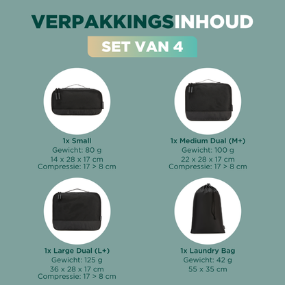 Zwart mesh reisorganisatieset met vier delen, inclusief een draagzak en verschillende opbergzakken voor kleding en accessoires. Ideaal voor reizen en opbergen van kleding in de koffer.