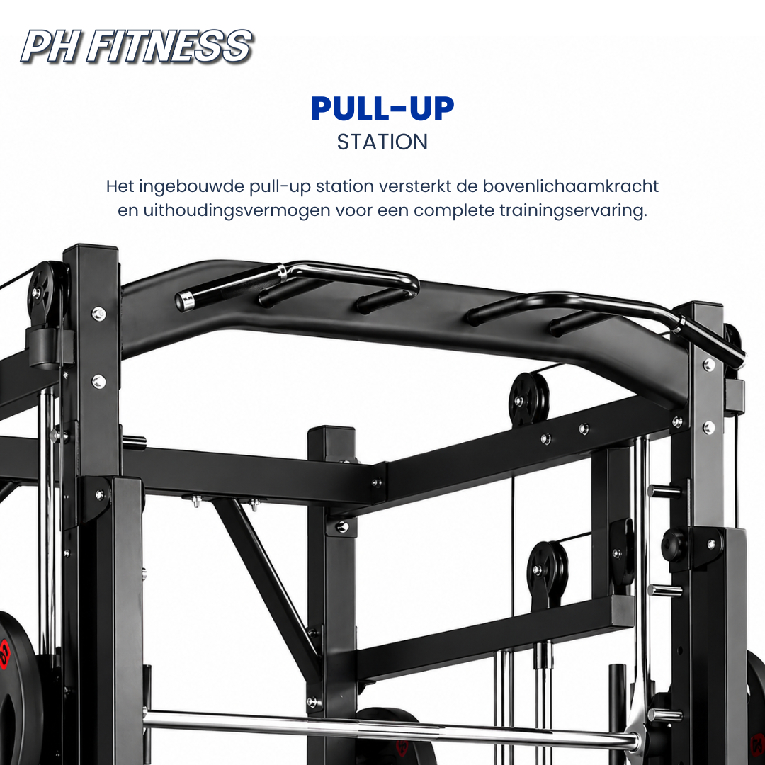Zwarte multi-functionaliteit home gym met verstelbare kabels, gewichtsplatens en hoge stabiliteit. Ideaal voor thuisfitness en krachttraining met diverse oefenopties.